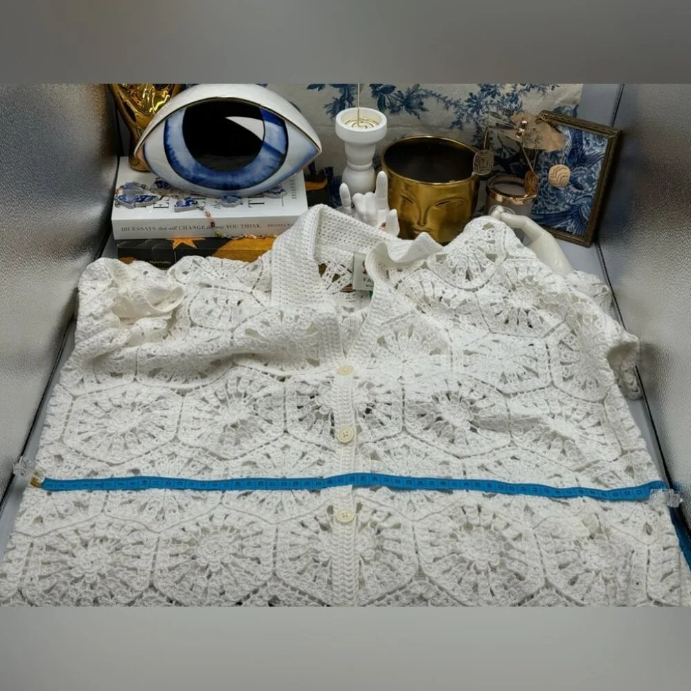 🆕 FARM Rio 🧿 NWOT White Semisheer Floral Button-Up Crochet Cover-Up Dress, L - Picture 14 of 15